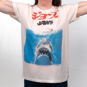 Jaws Vintage Movie Poster T-shirt Female Model Front View Pose